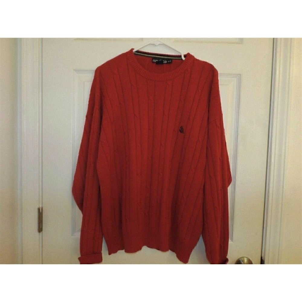 NAUTICA Men's XL Solid Red Crewneck Cable Knit Cotton Pullover SEE MEASUREMENTS